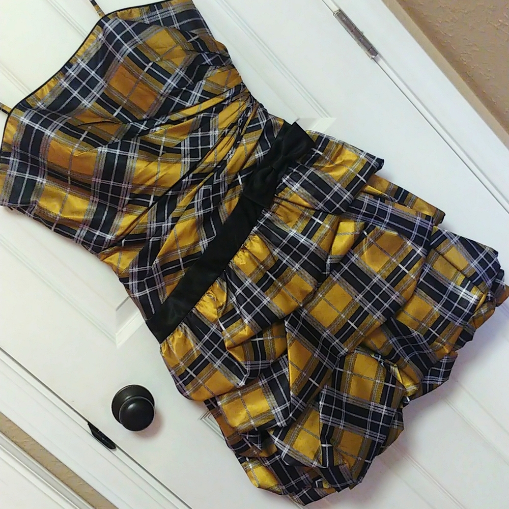 Rene Moiselle Yellow and Black Plaid Spaghetti Strap Dress